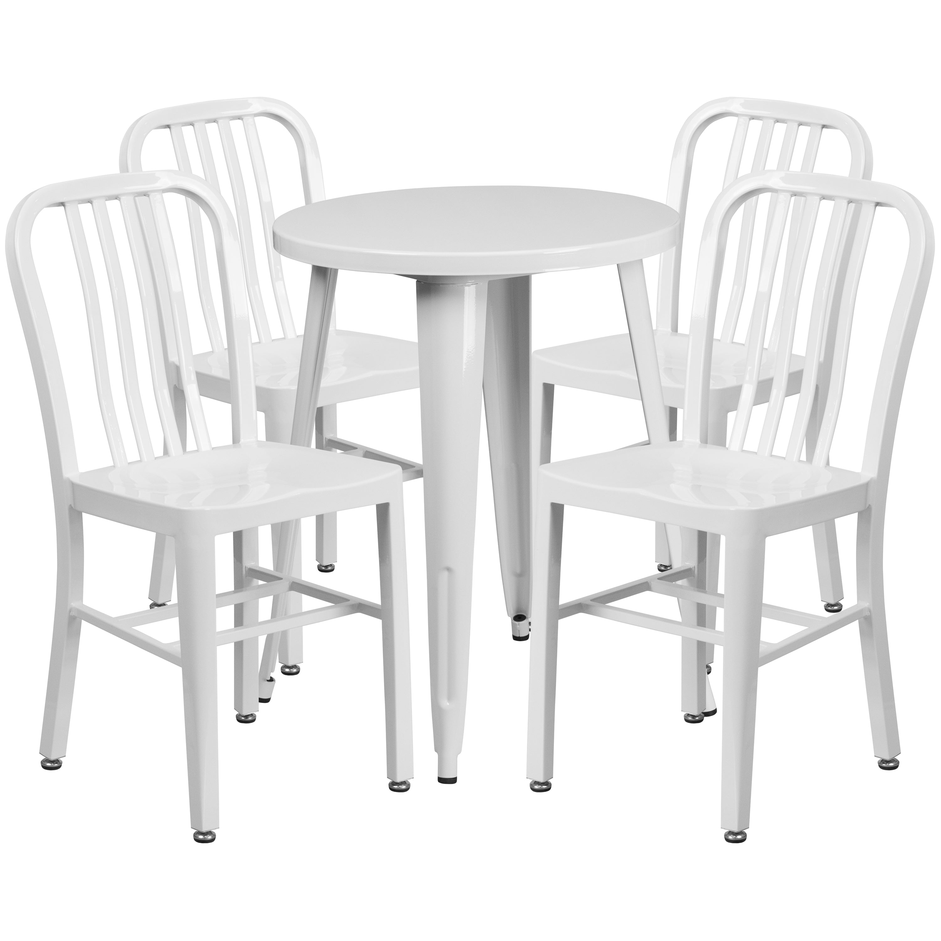 Thomas Commercial Grade 24" Round White Metal Indoor-Outdoor Table Set with 4 Vertical Slat Back Chairs