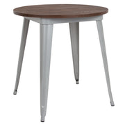 Jeffrey 30" Round Silver Metal Indoor Table with Walnut Rustic Wood Top