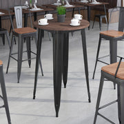 Philip 30" Round Black Metal Indoor Bar Height Table with Walnut Rustic Wood Top