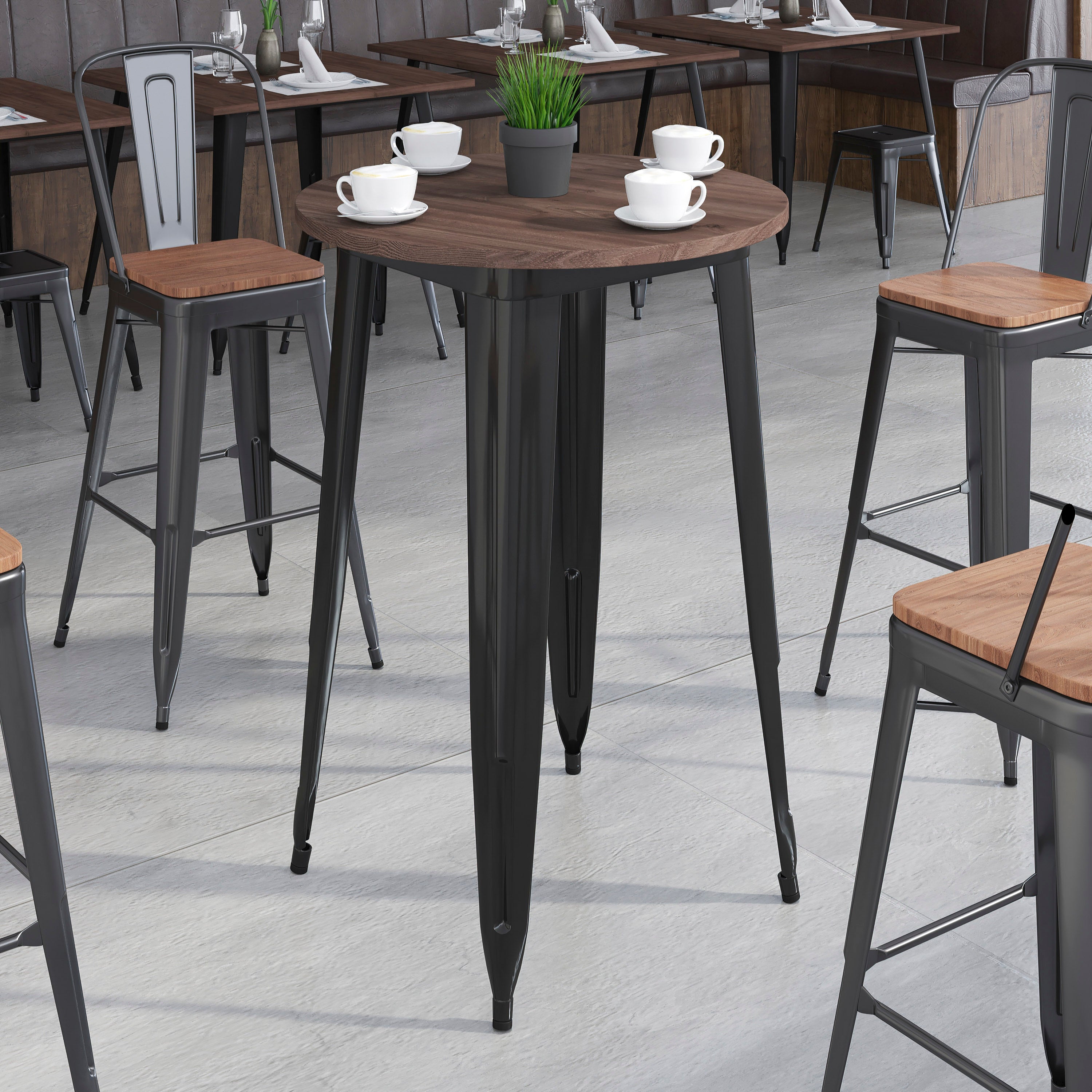 Philip 30" Round Black Metal Indoor Bar Height Table with Walnut Rustic Wood Top