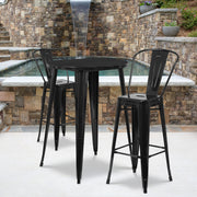 Caron Commercial Grade 30" Round Black Metal Indoor-Outdoor Bar Table Set with 2 Cafe Stools