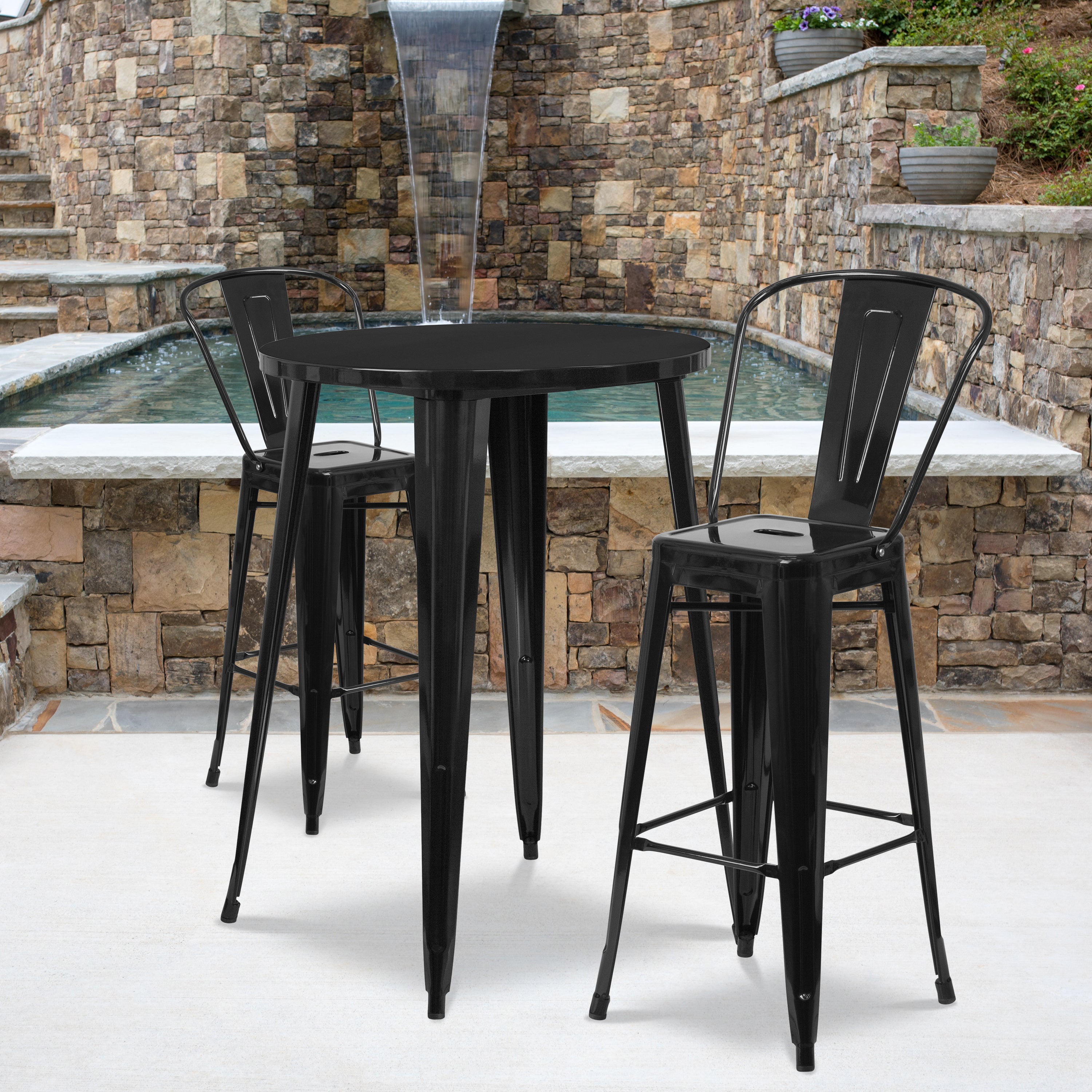 Caron Commercial Grade 30" Round Black Metal Indoor-Outdoor Bar Table Set with 2 Cafe Stools