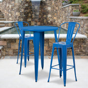 Caron Commercial Grade 30" Round Blue Metal Indoor-Outdoor Bar Table Set with 2 Cafe Stools