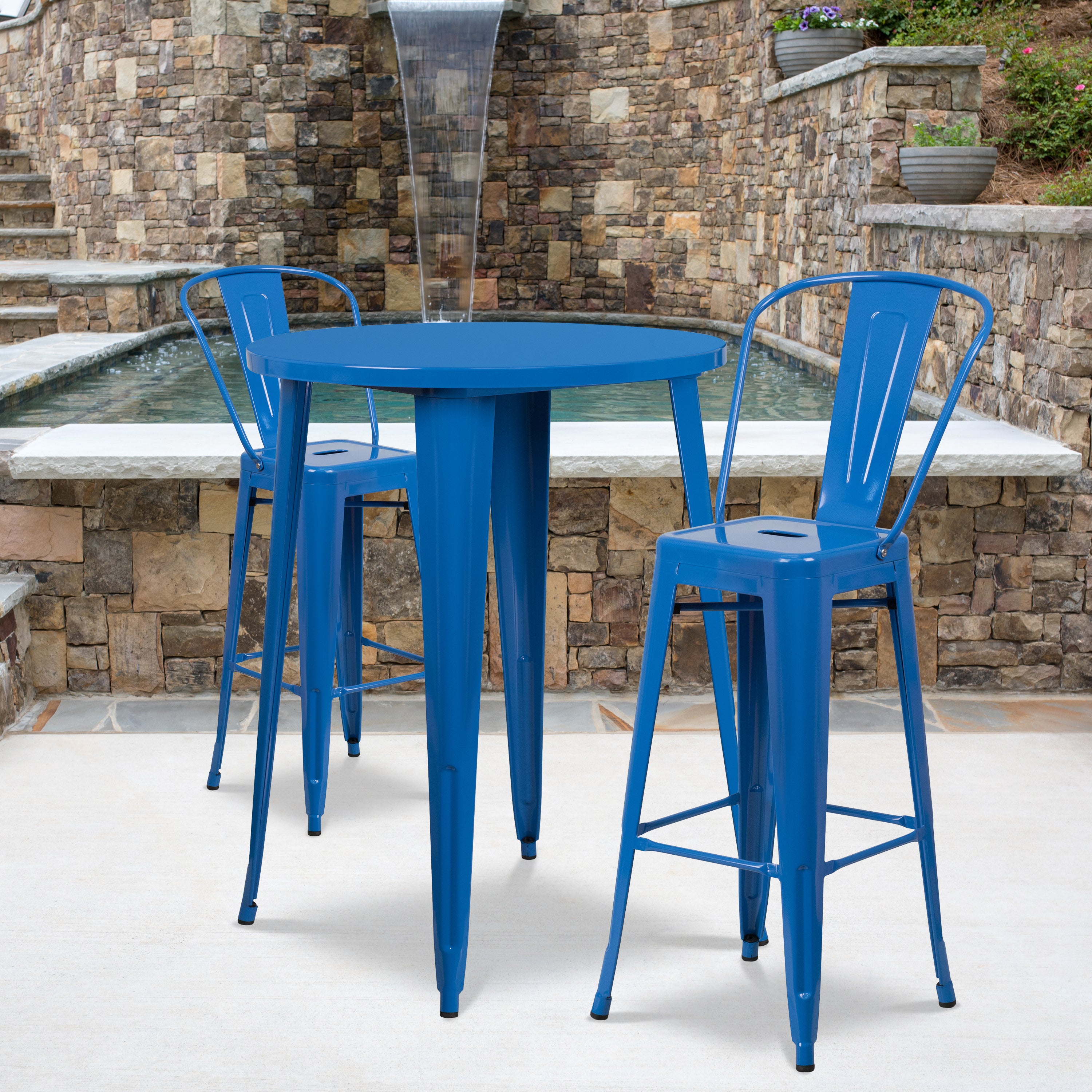 Caron Commercial Grade 30" Round Blue Metal Indoor-Outdoor Bar Table Set with 2 Cafe Stools