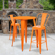 Caron Commercial Grade 30" Round Orange Metal Indoor-Outdoor Bar Table Set with 2 Cafe Stools