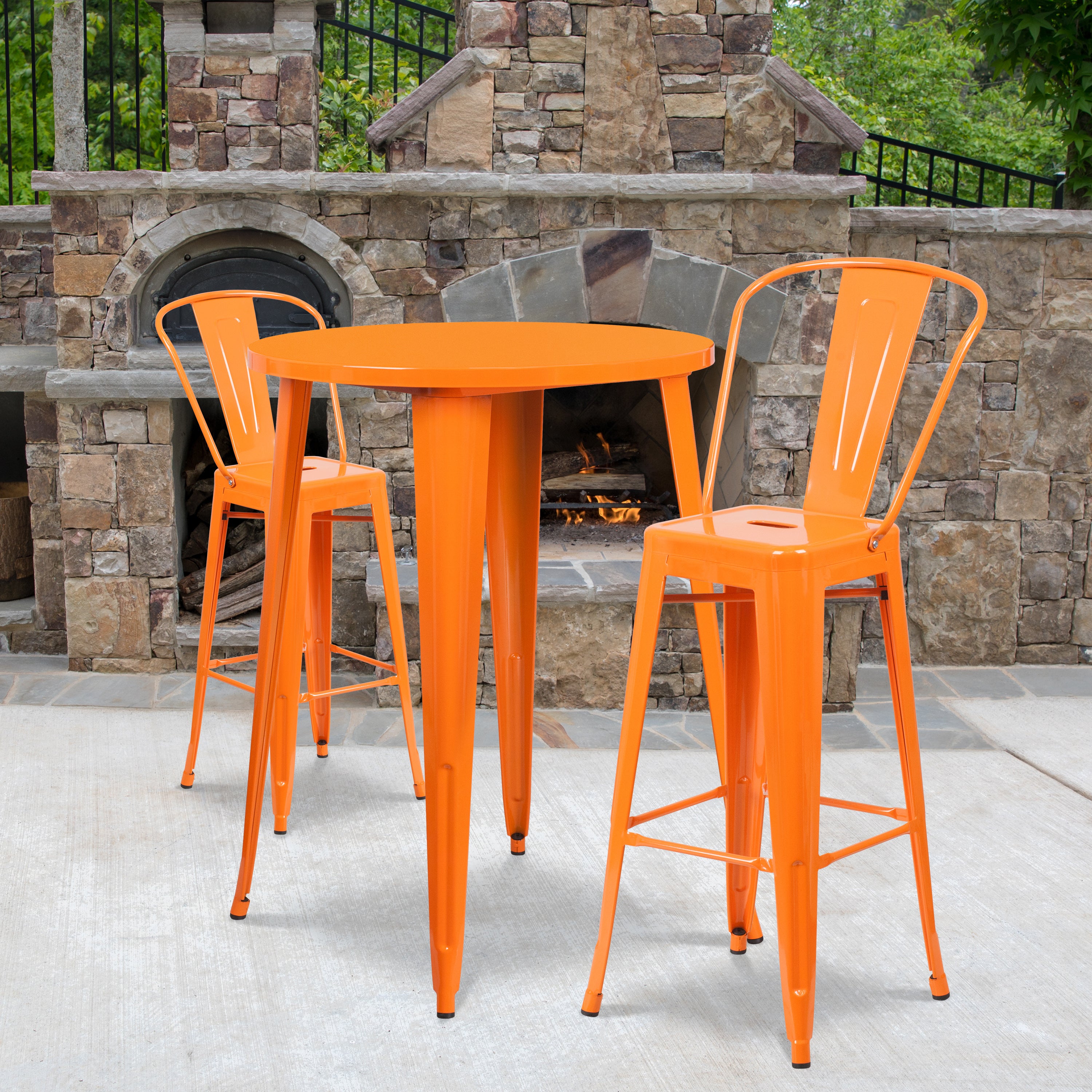 Caron Commercial Grade 30" Round Orange Metal Indoor-Outdoor Bar Table Set with 2 Cafe Stools