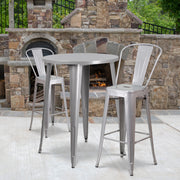 Caron Commercial Grade 30" Round Silver Metal Indoor-Outdoor Bar Table Set with 2 Cafe Stools