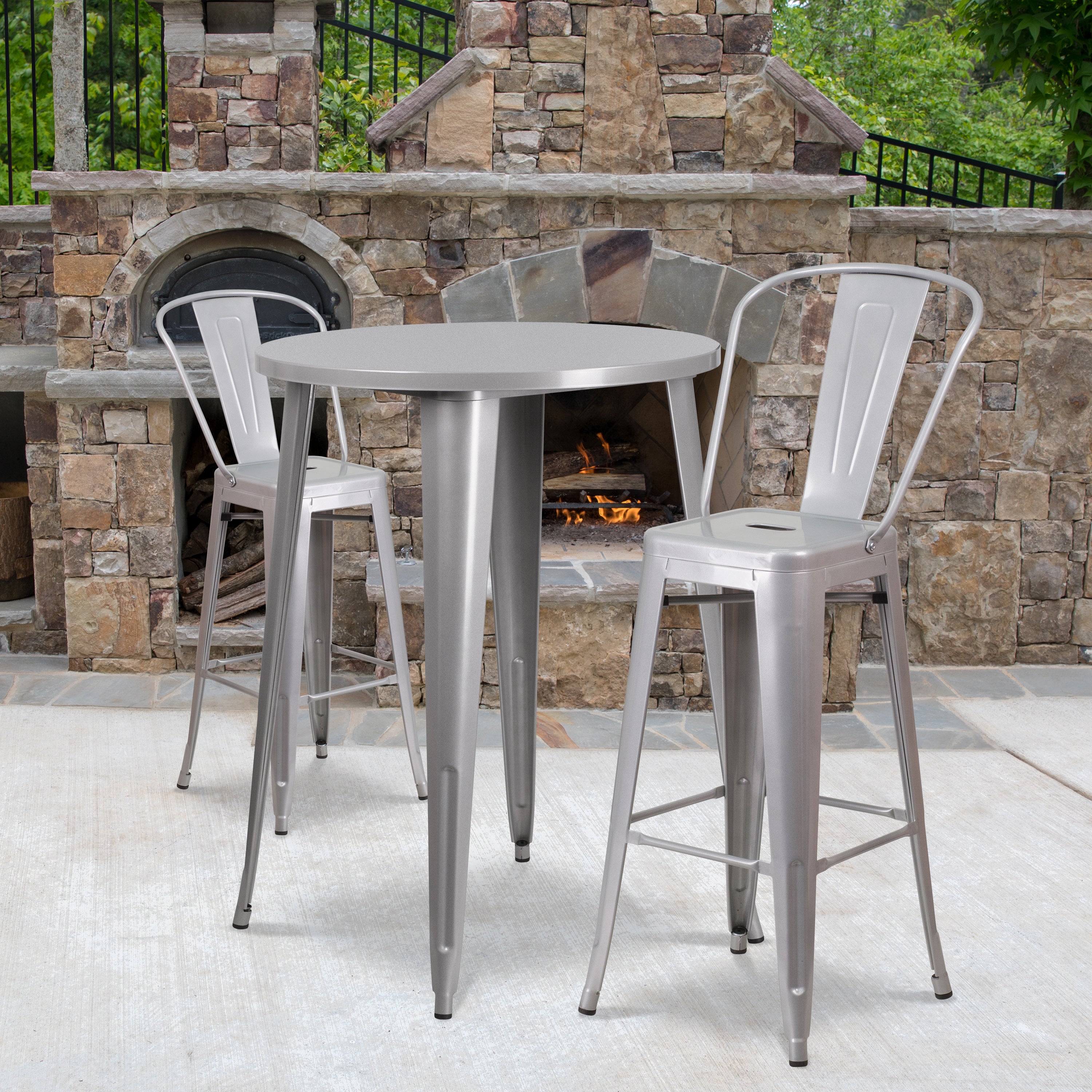 Caron Commercial Grade 30" Round Silver Metal Indoor-Outdoor Bar Table Set with 2 Cafe Stools