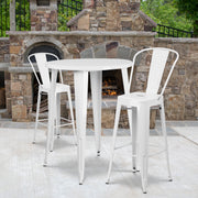 Caron Commercial Grade 30" Round White Metal Indoor-Outdoor Bar Table Set with 2 Cafe Stools