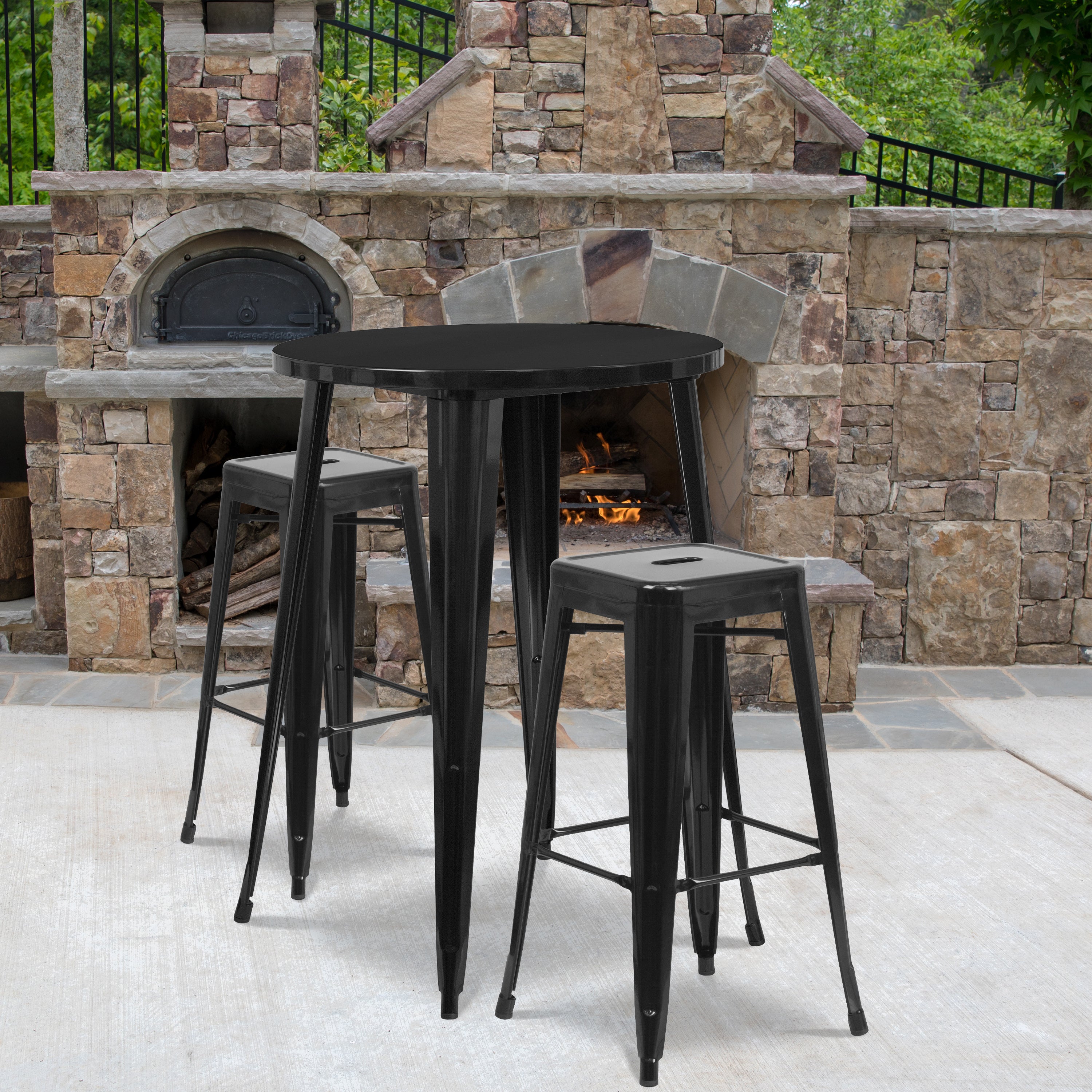 Boyd Commercial Grade 30" Round Black Metal Indoor-Outdoor Bar Table Set with 2 Square Seat Backless Stools