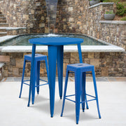 Boyd Commercial Grade 30" Round Blue Metal Indoor-Outdoor Bar Table Set with 2 Square Seat Backless Stools