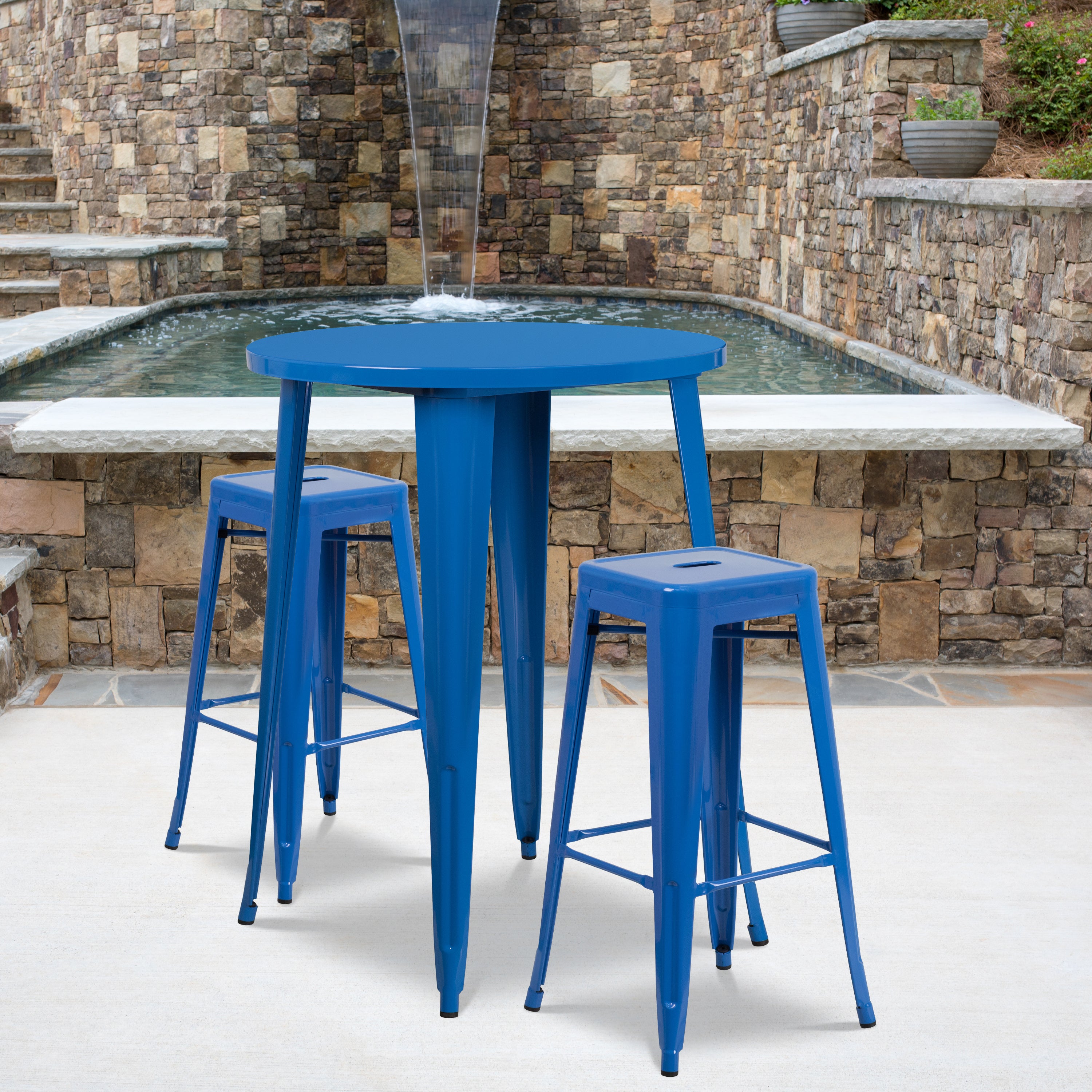 Boyd Commercial Grade 30" Round Blue Metal Indoor-Outdoor Bar Table Set with 2 Square Seat Backless Stools