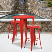 Boyd Commercial Grade 30" Round Red Metal Indoor-Outdoor Bar Table Set with 2 Square Seat Backless Stools