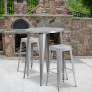 Boyd Commercial Grade 30" Round Silver Metal Indoor-Outdoor Bar Table Set with 2 Square Seat Backless Stools