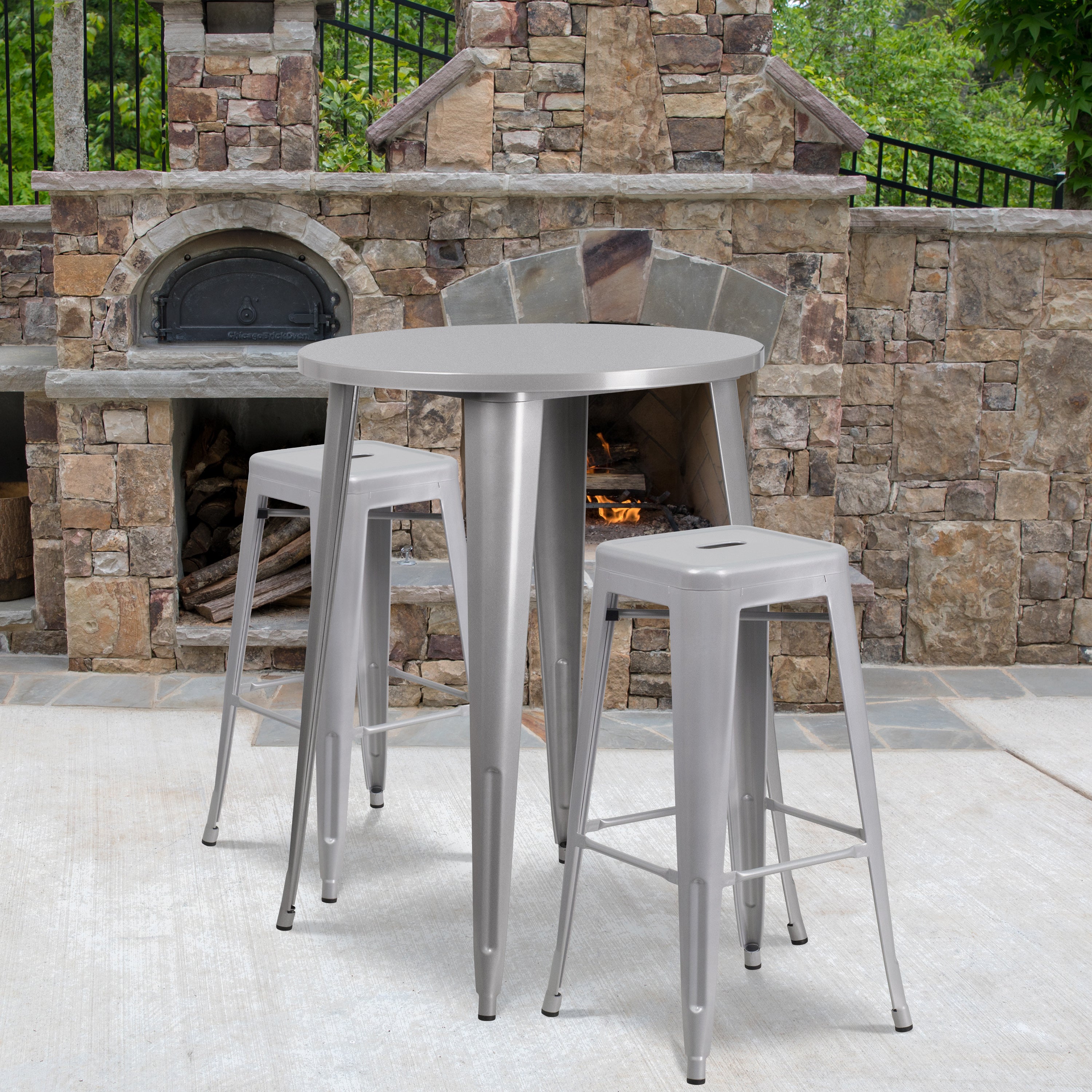 Boyd Commercial Grade 30" Round Silver Metal Indoor-Outdoor Bar Table Set with 2 Square Seat Backless Stools