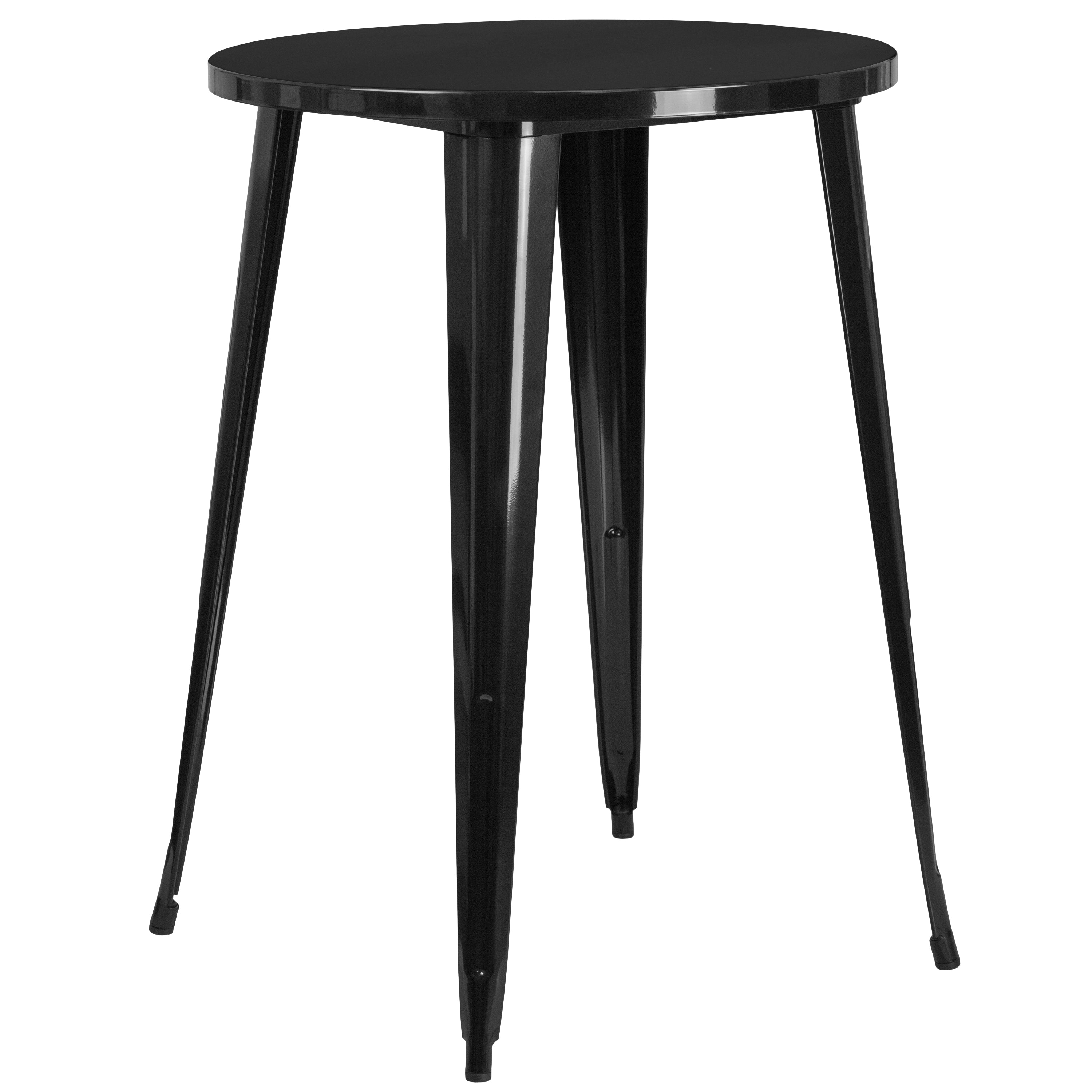 Brad Commercial Grade 30" Round Black Metal Indoor-Outdoor Bar Table Set with 2 Vertical Slat Back Stools