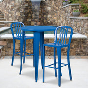 Brad Commercial Grade 30" Round Blue Metal Indoor-Outdoor Bar Table Set with 2 Vertical Slat Back Stools