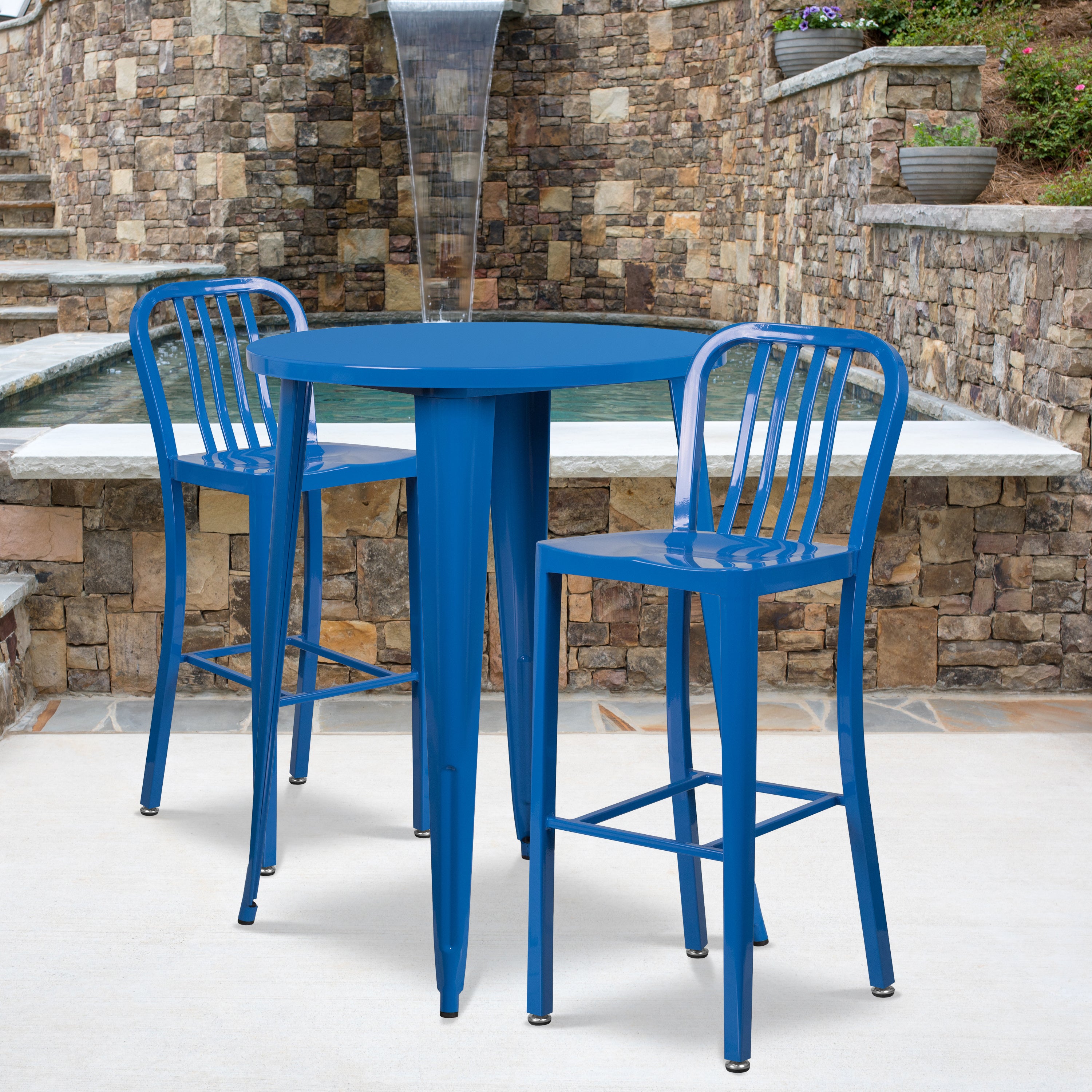 Brad Commercial Grade 30" Round Blue Metal Indoor-Outdoor Bar Table Set with 2 Vertical Slat Back Stools