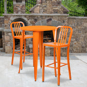 Brad Commercial Grade 30" Round Orange Metal Indoor-Outdoor Bar Table Set with 2 Vertical Slat Back Stools