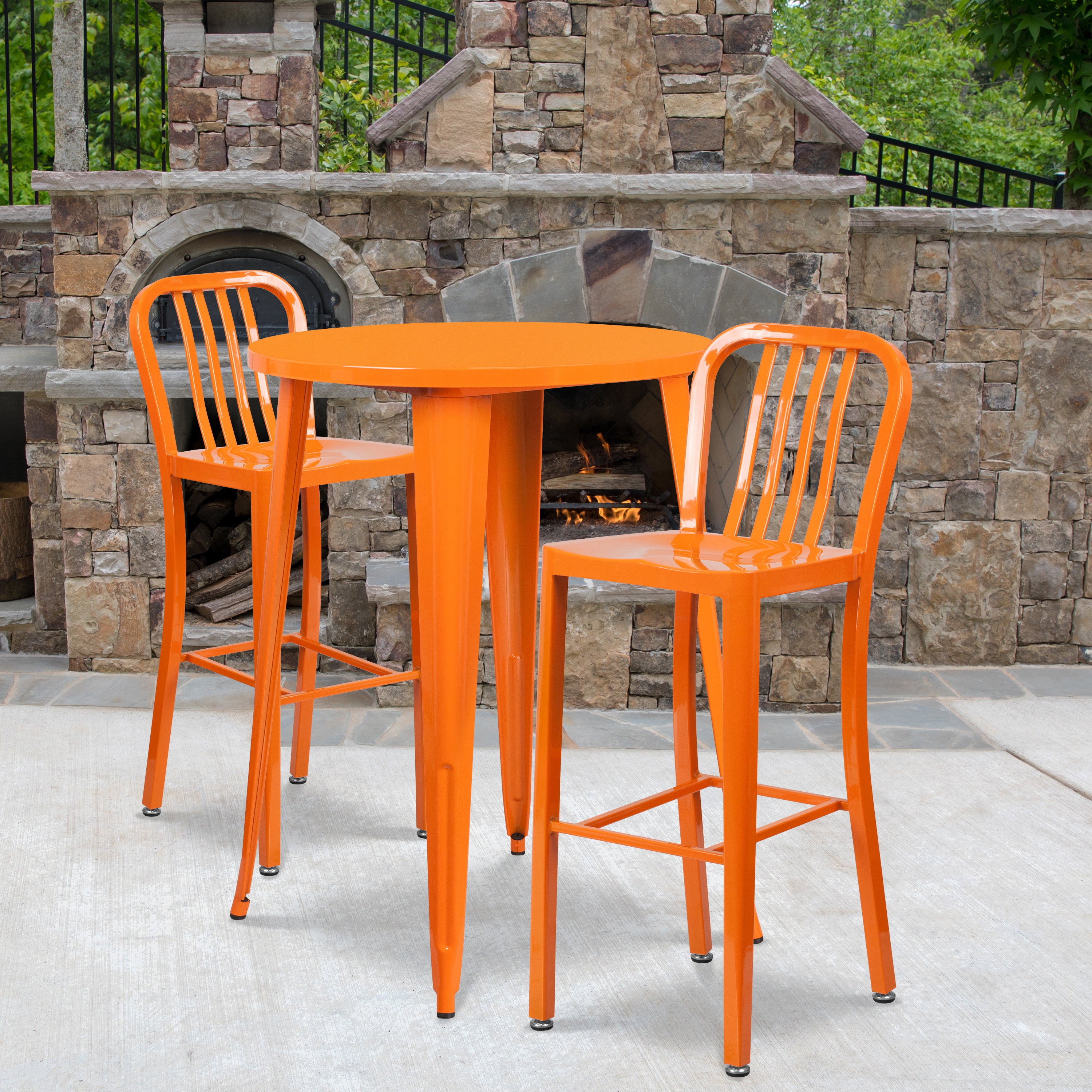 Brad Commercial Grade 30" Round Orange Metal Indoor-Outdoor Bar Table Set with 2 Vertical Slat Back Stools