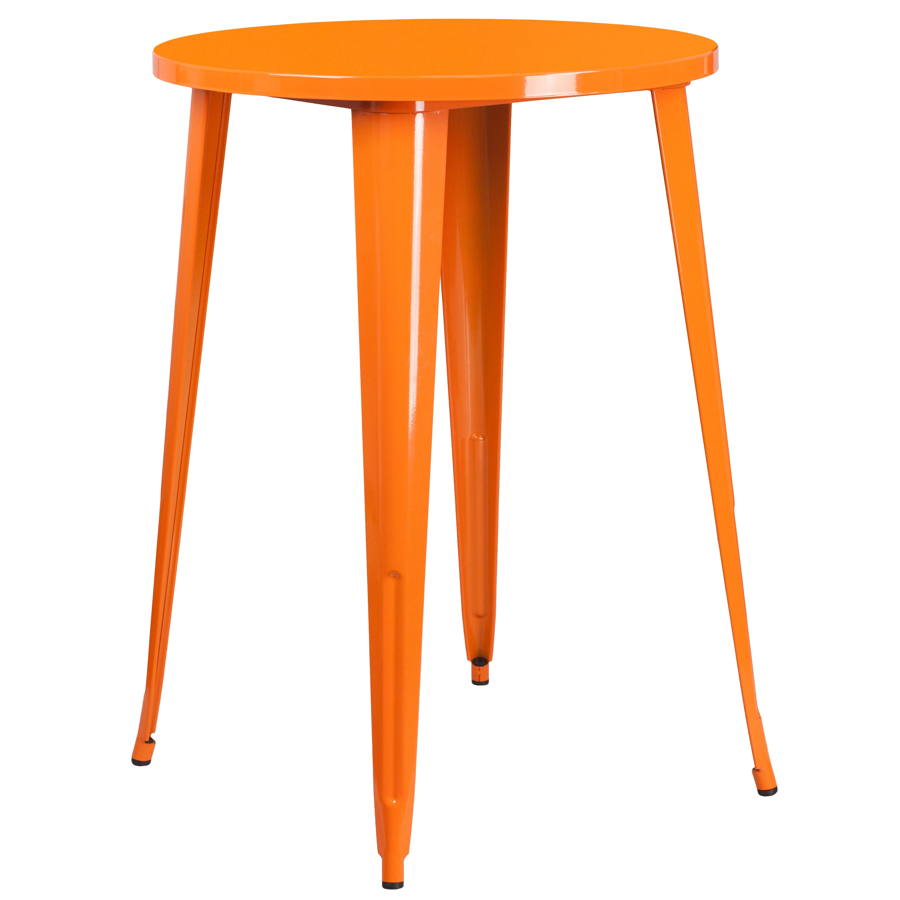 Brad Commercial Grade 30" Round Orange Metal Indoor-Outdoor Bar Table Set with 2 Vertical Slat Back Stools