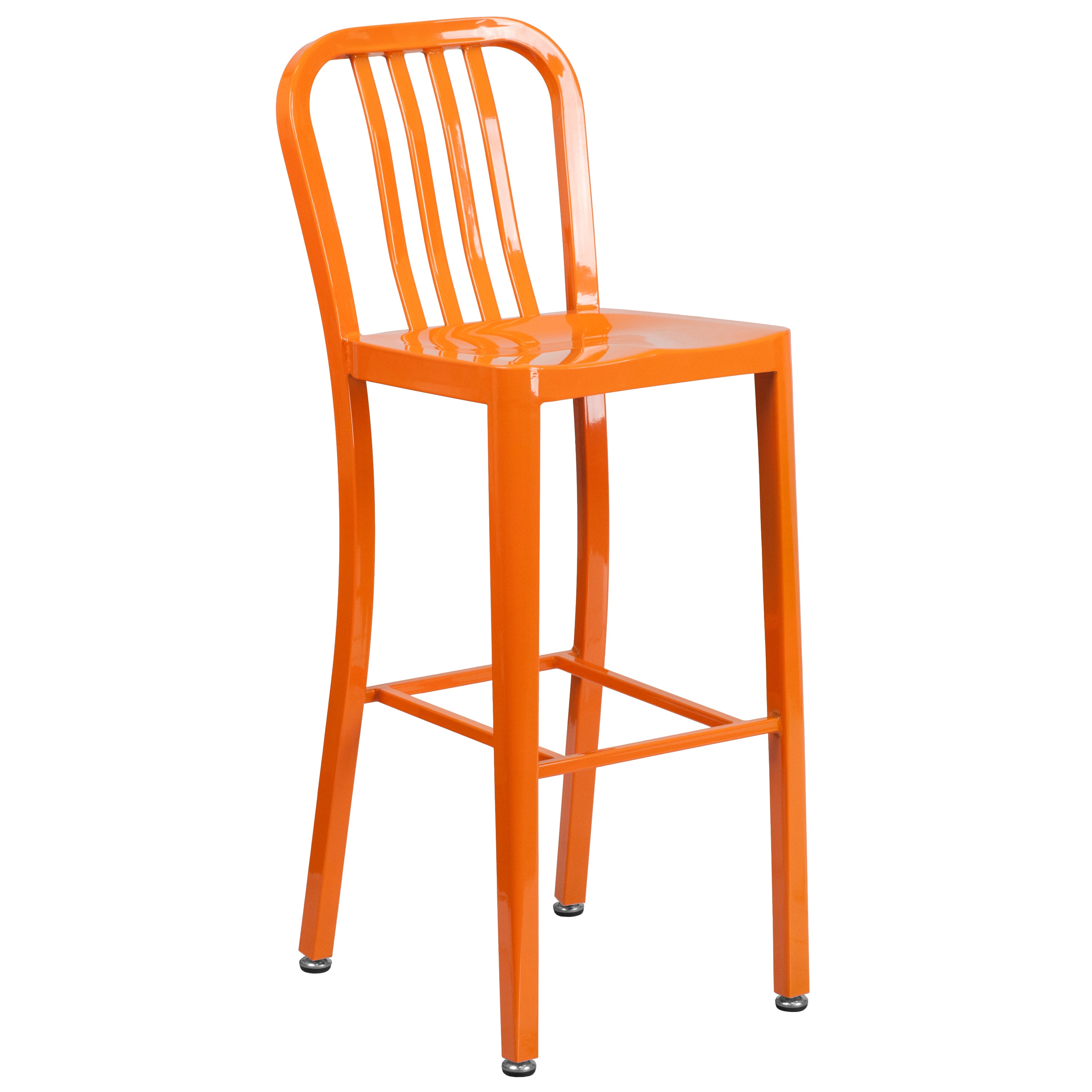 Brad Commercial Grade 30" Round Orange Metal Indoor-Outdoor Bar Table Set with 2 Vertical Slat Back Stools