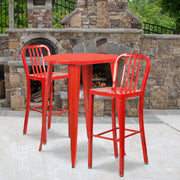 Brad Commercial Grade 30" Round Red Metal Indoor-Outdoor Bar Table Set with 2 Vertical Slat Back Stools