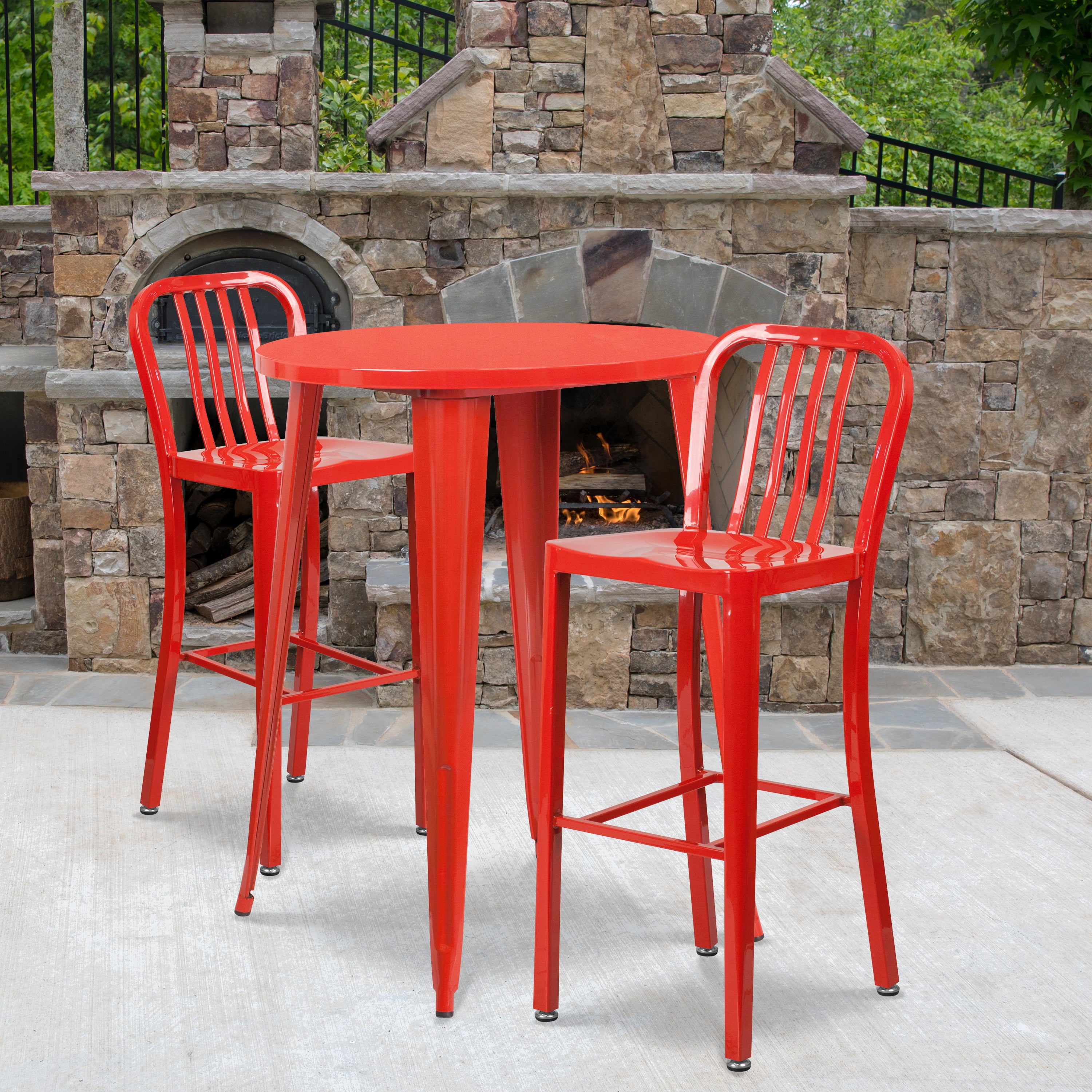Brad Commercial Grade 30" Round Red Metal Indoor-Outdoor Bar Table Set with 2 Vertical Slat Back Stools