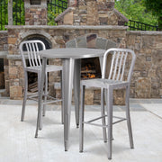 Brad Commercial Grade 30" Round Silver Metal Indoor-Outdoor Bar Table Set with 2 Vertical Slat Back Stools