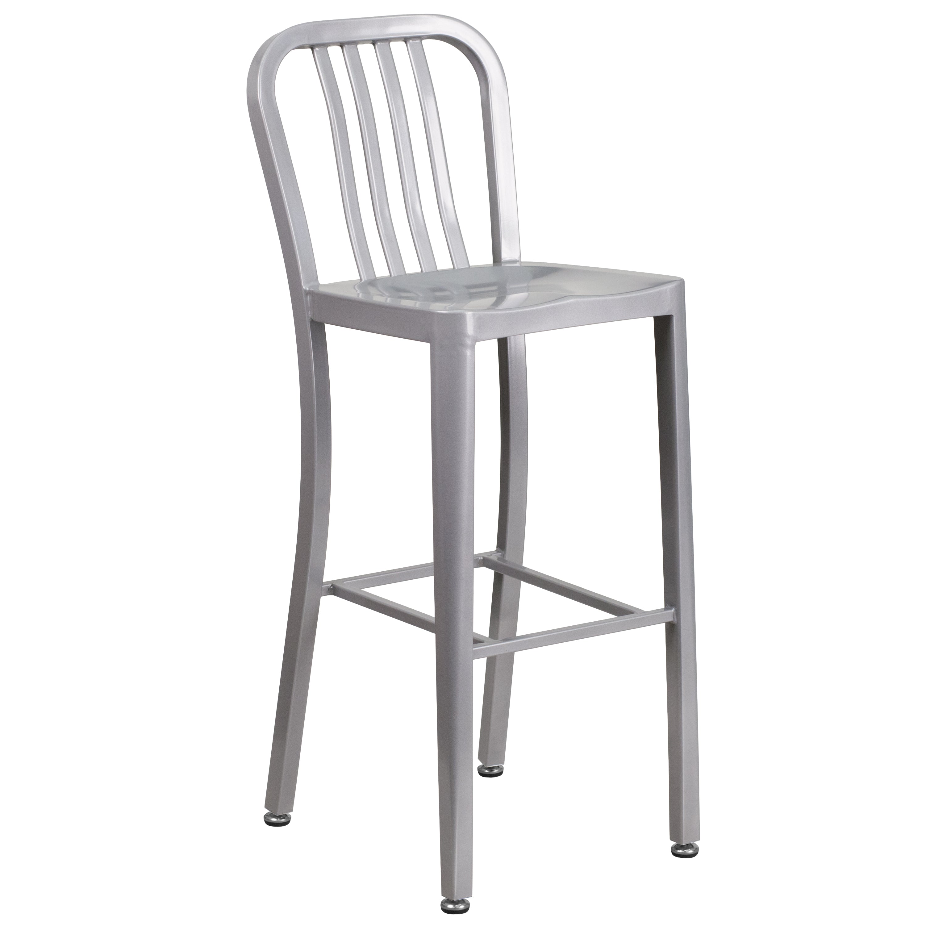 Brad Commercial Grade 30" Round Silver Metal Indoor-Outdoor Bar Table Set with 2 Vertical Slat Back Stools