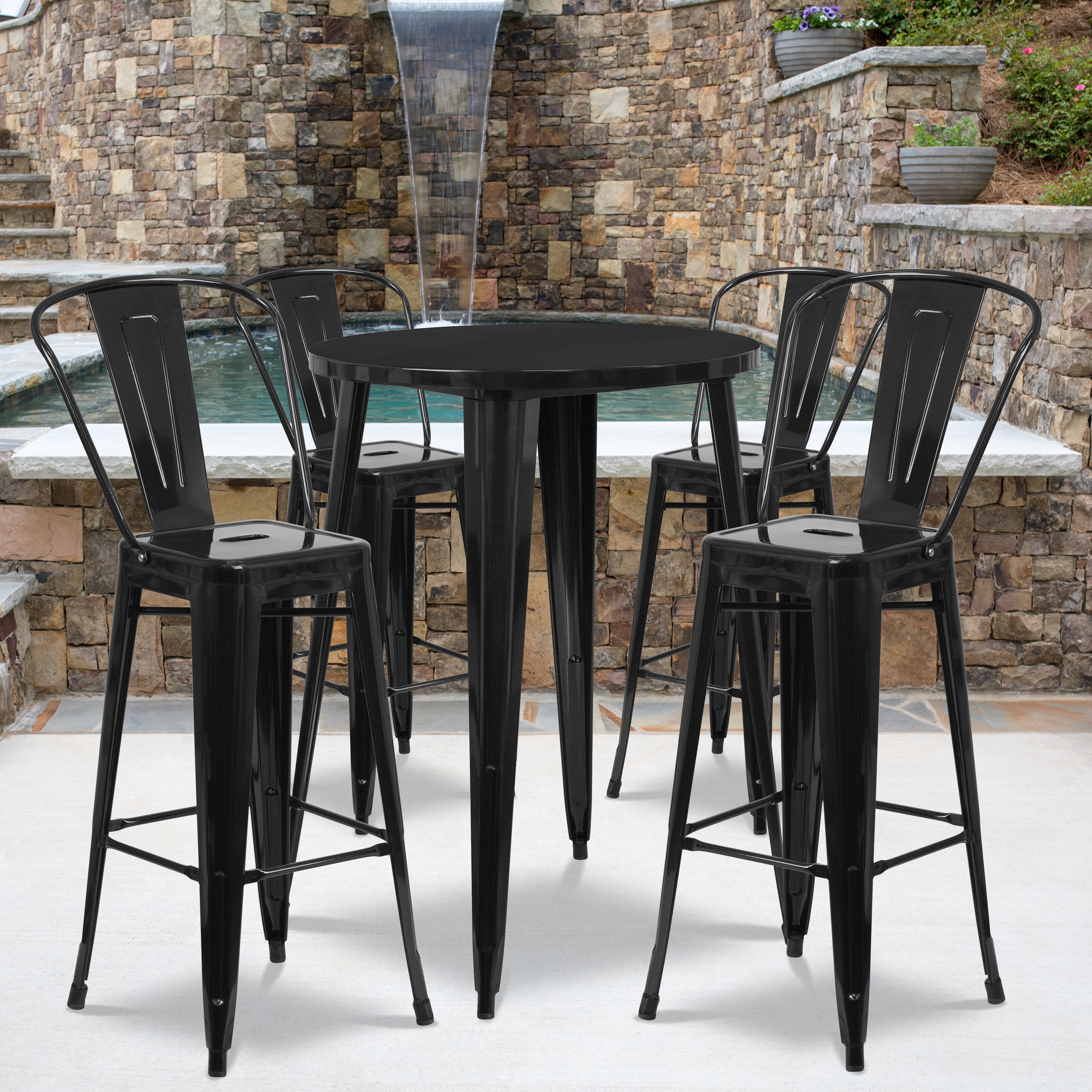 Callum Commercial Grade 30" Round Black Metal Indoor-Outdoor Bar Table Set with 4 Cafe Stools