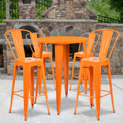 Callum Commercial Grade 30" Round Orange Metal Indoor-Outdoor Bar Table Set with 4 Cafe Stools