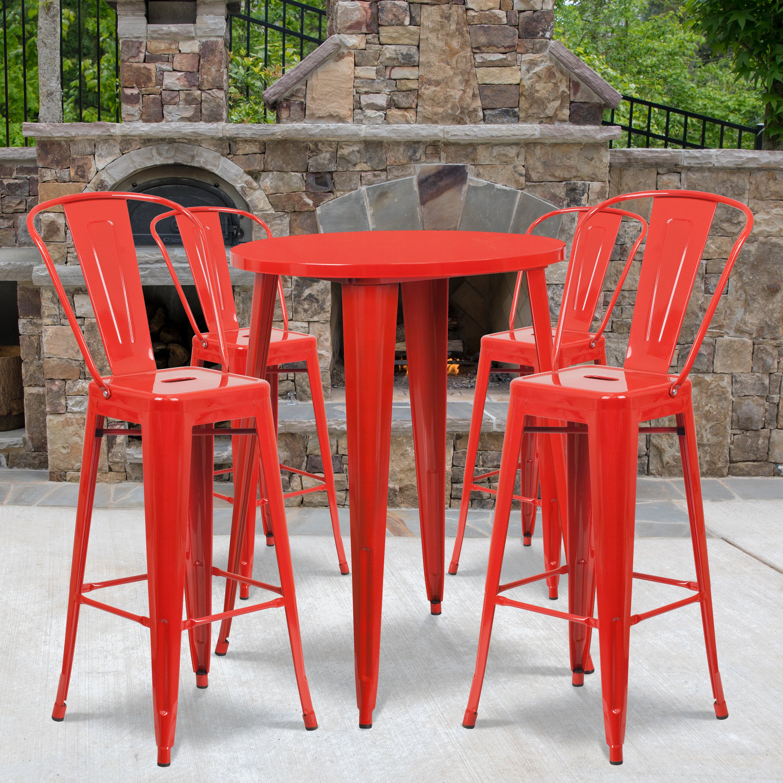 Callum Commercial Grade 30" Round Red Metal Indoor-Outdoor Bar Table Set with 4 Cafe Stools