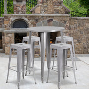 Coby Commercial Grade 30" Round Silver Metal Indoor-Outdoor Bar Table Set with 4 Square Seat Backless Stools