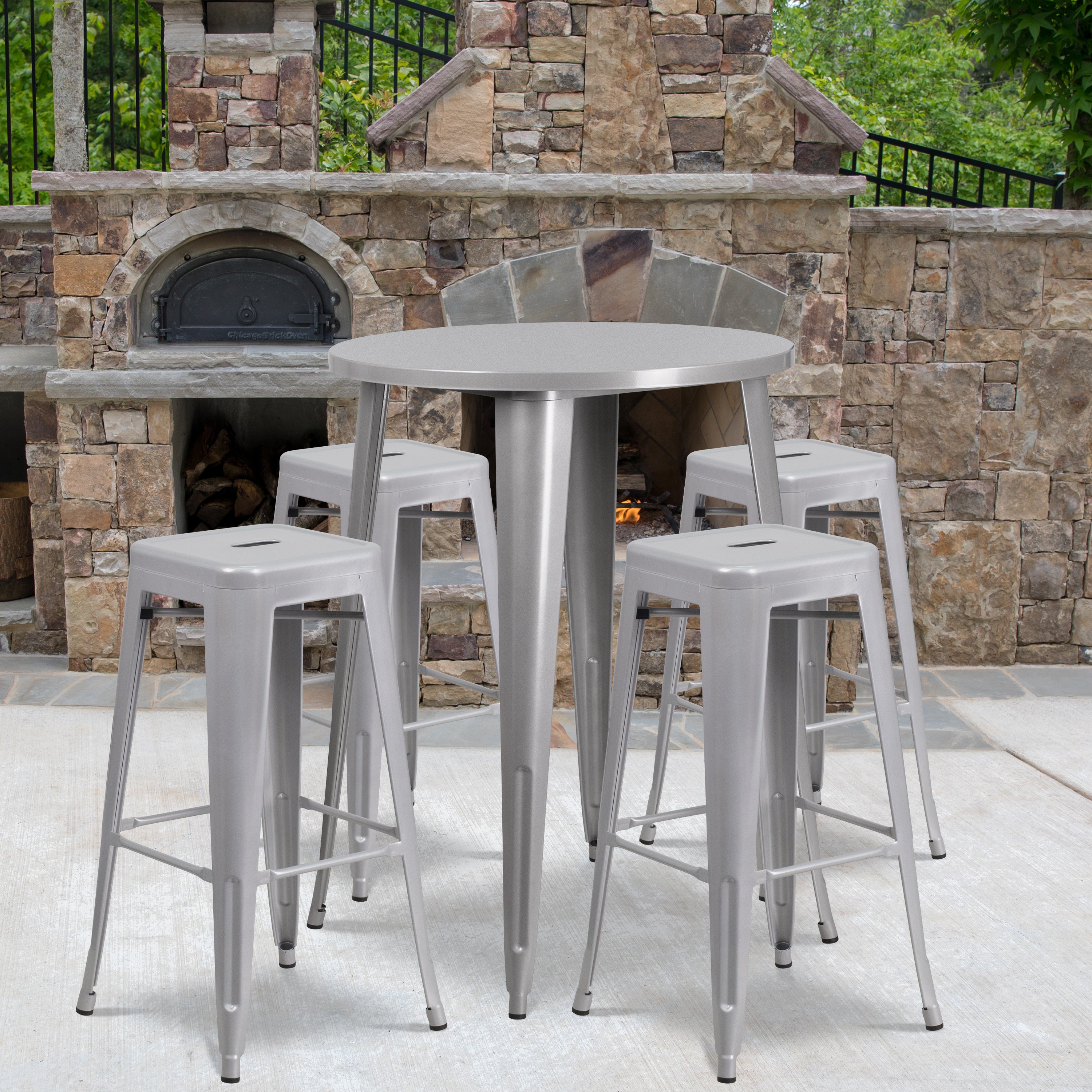 Coby Commercial Grade 30" Round Silver Metal Indoor-Outdoor Bar Table Set with 4 Square Seat Backless Stools