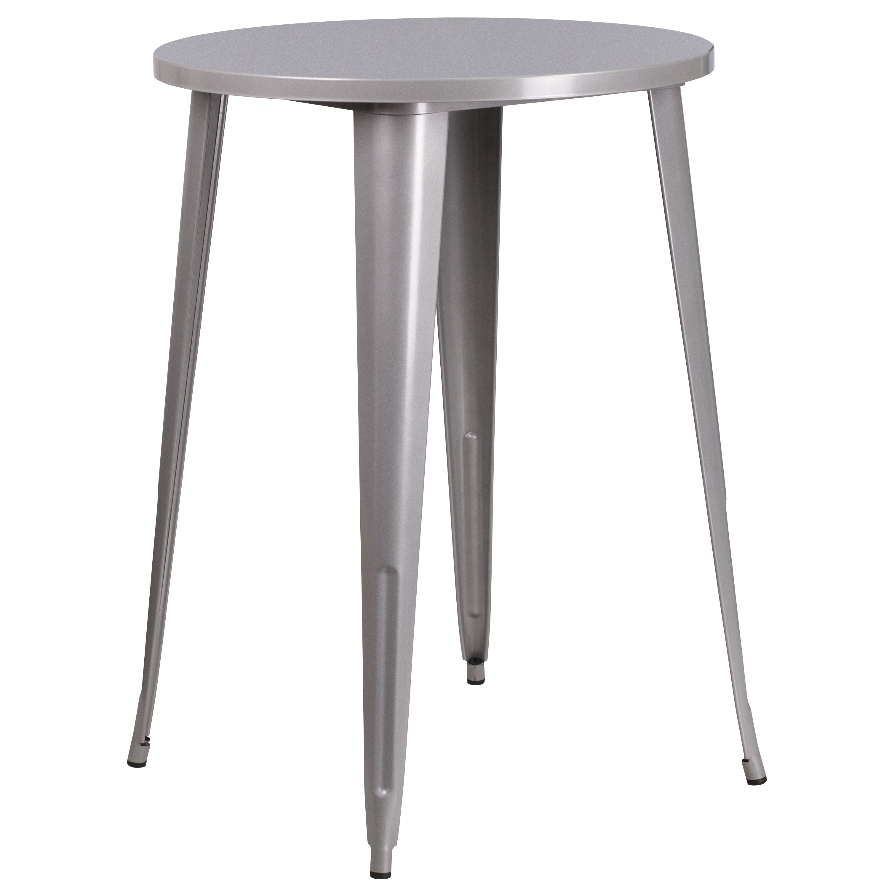 Coby Commercial Grade 30" Round Silver Metal Indoor-Outdoor Bar Table Set with 4 Square Seat Backless Stools