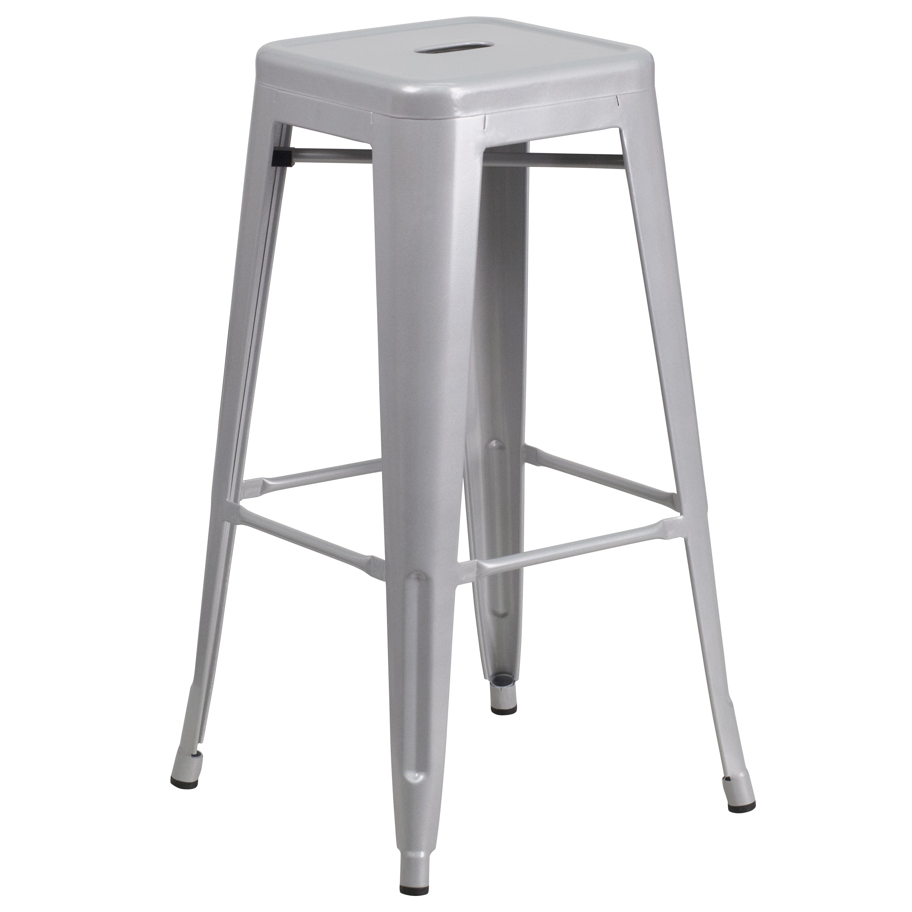 Coby Commercial Grade 30" Round Silver Metal Indoor-Outdoor Bar Table Set with 4 Square Seat Backless Stools