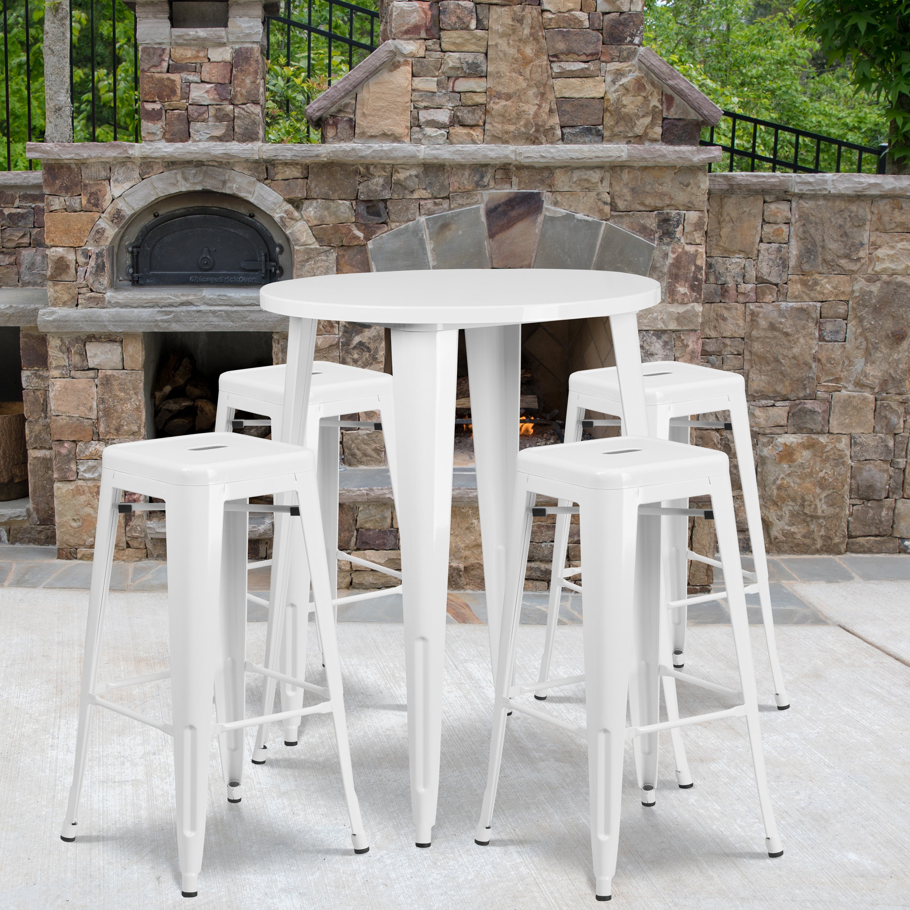 Coby Commercial Grade 30" Round White Metal Indoor-Outdoor Bar Table Set with 4 Square Seat Backless Stools
