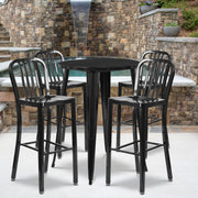 Tristan Commercial Grade 30" Round Black Metal Indoor-Outdoor Bar Table Set with 4 Vertical Slat Back Stools