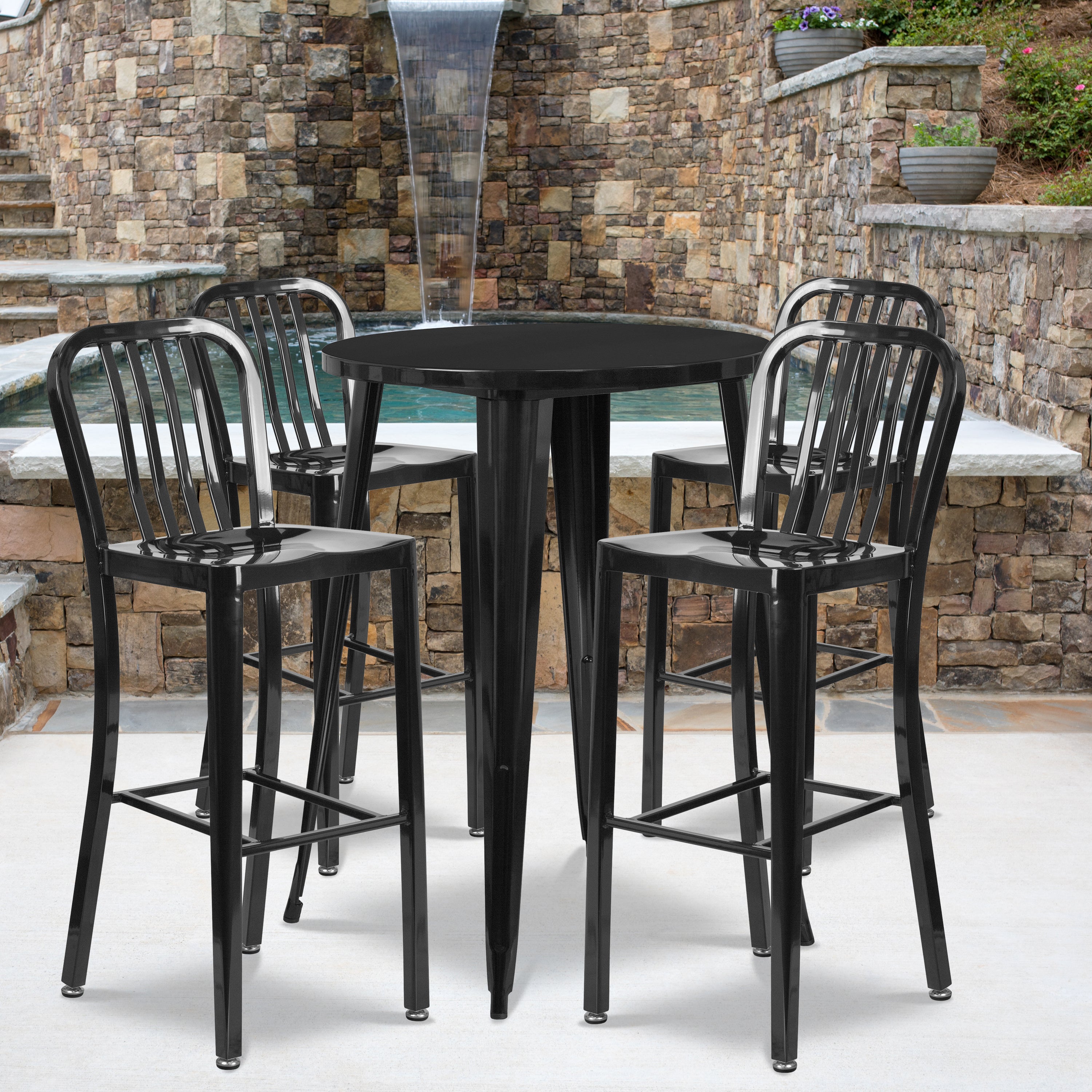 Tristan Commercial Grade 30" Round Black Metal Indoor-Outdoor Bar Table Set with 4 Vertical Slat Back Stools