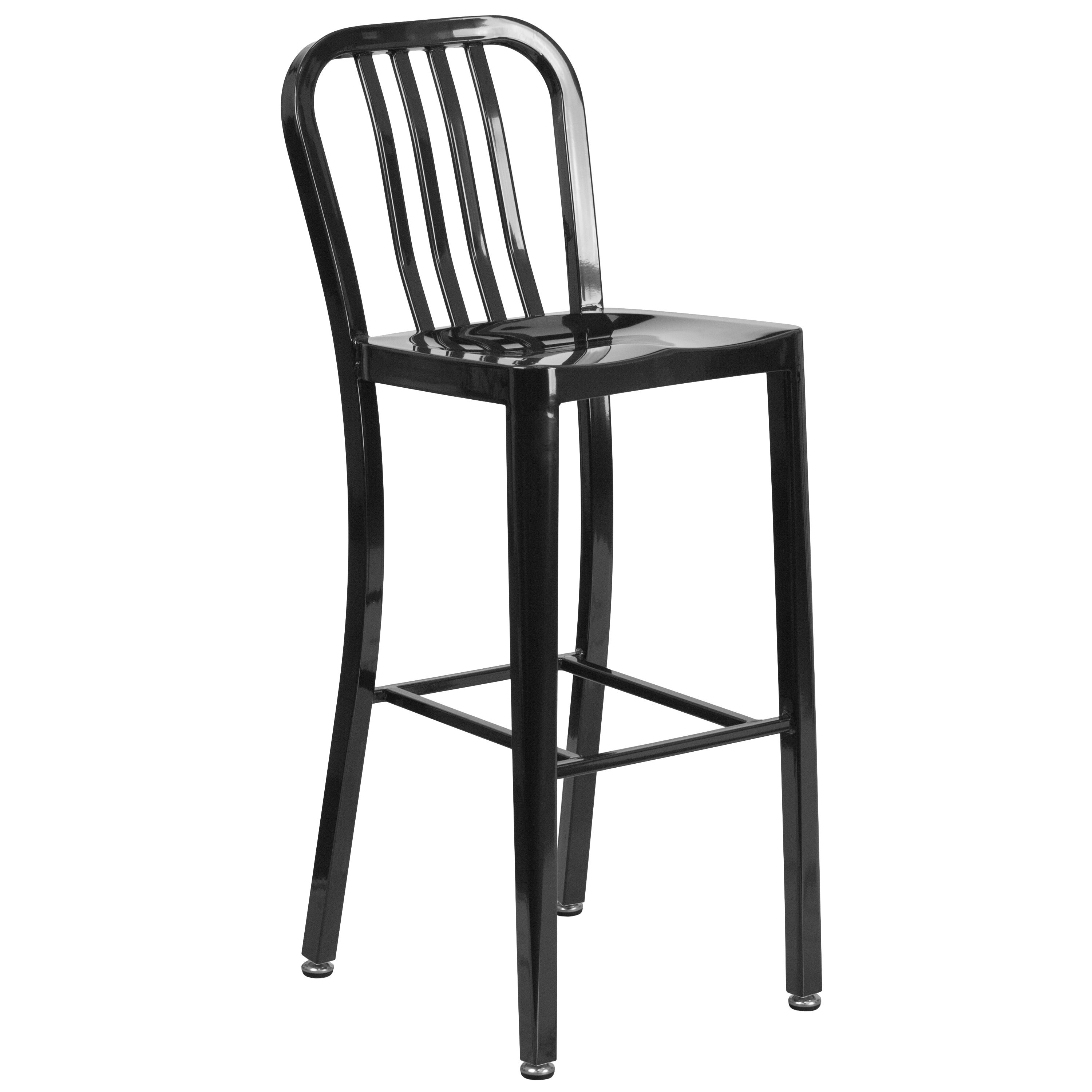 Tristan Commercial Grade 30" Round Black Metal Indoor-Outdoor Bar Table Set with 4 Vertical Slat Back Stools