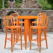 Tristan Commercial Grade 30" Round Orange Metal Indoor-Outdoor Bar Table Set with 4 Vertical Slat Back Stools