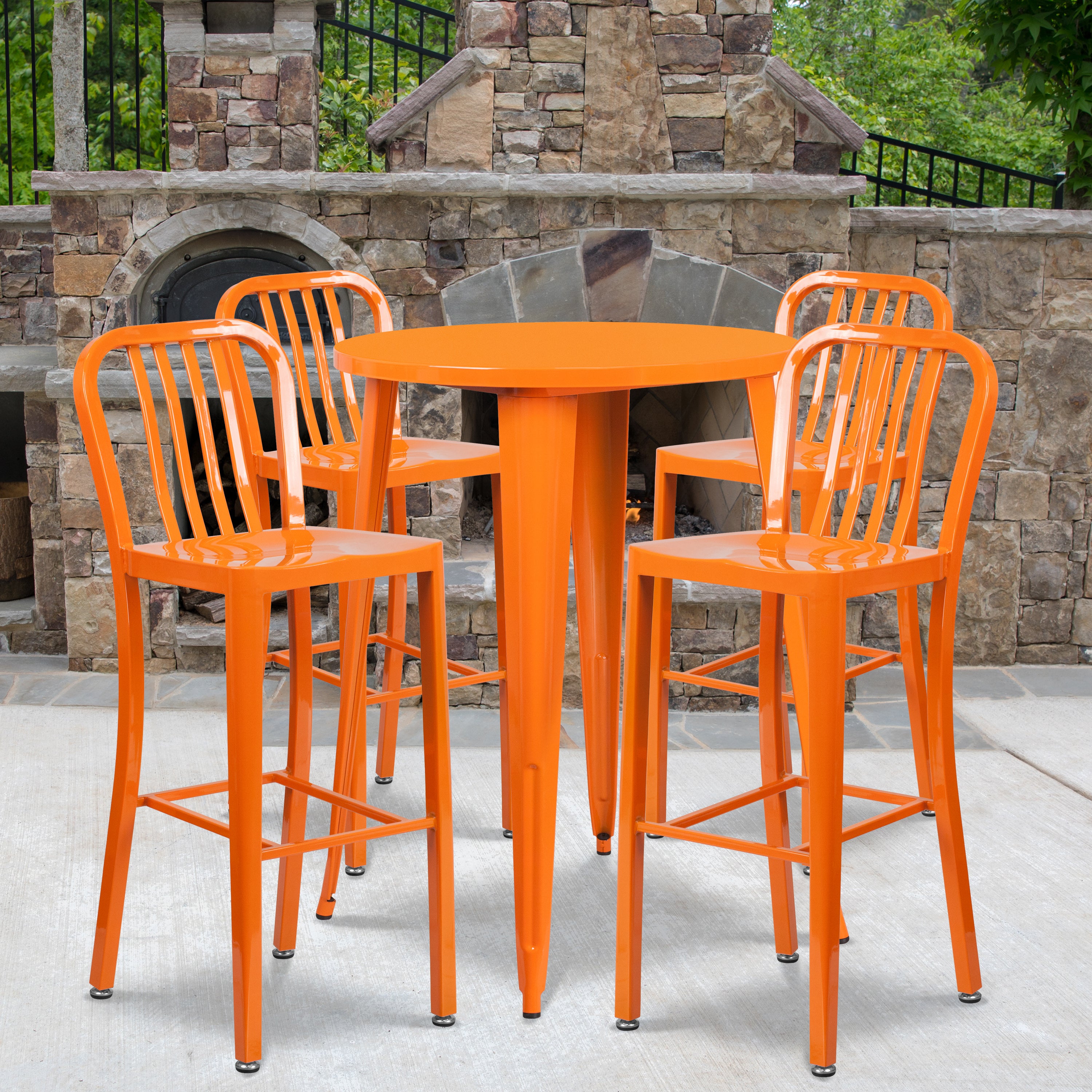 Tristan Commercial Grade 30" Round Orange Metal Indoor-Outdoor Bar Table Set with 4 Vertical Slat Back Stools
