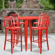 Tristan Commercial Grade 30" Round Red Metal Indoor-Outdoor Bar Table Set with 4 Vertical Slat Back Stools