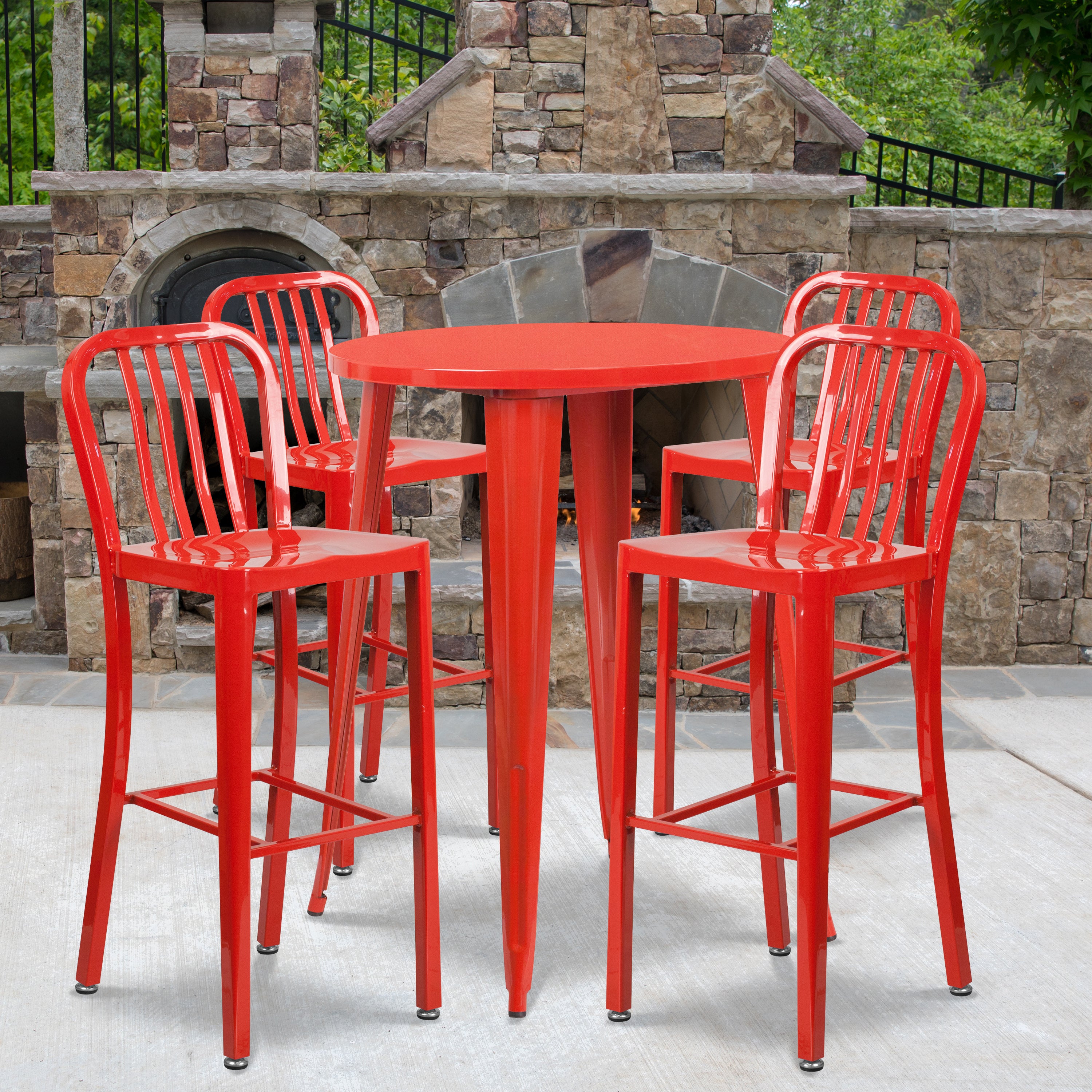 Tristan Commercial Grade 30" Round Red Metal Indoor-Outdoor Bar Table Set with 4 Vertical Slat Back Stools