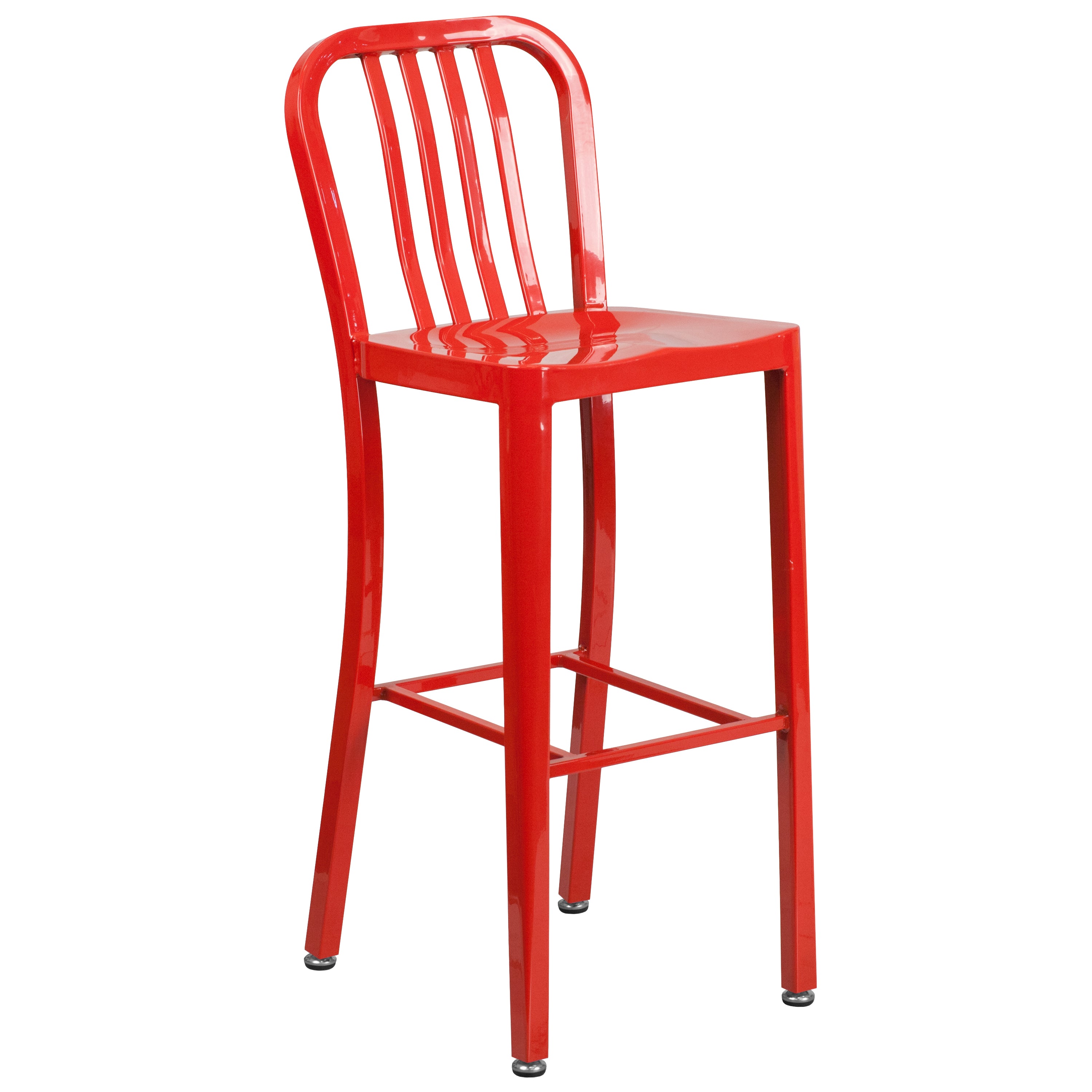 Tristan Commercial Grade 30" Round Red Metal Indoor-Outdoor Bar Table Set with 4 Vertical Slat Back Stools
