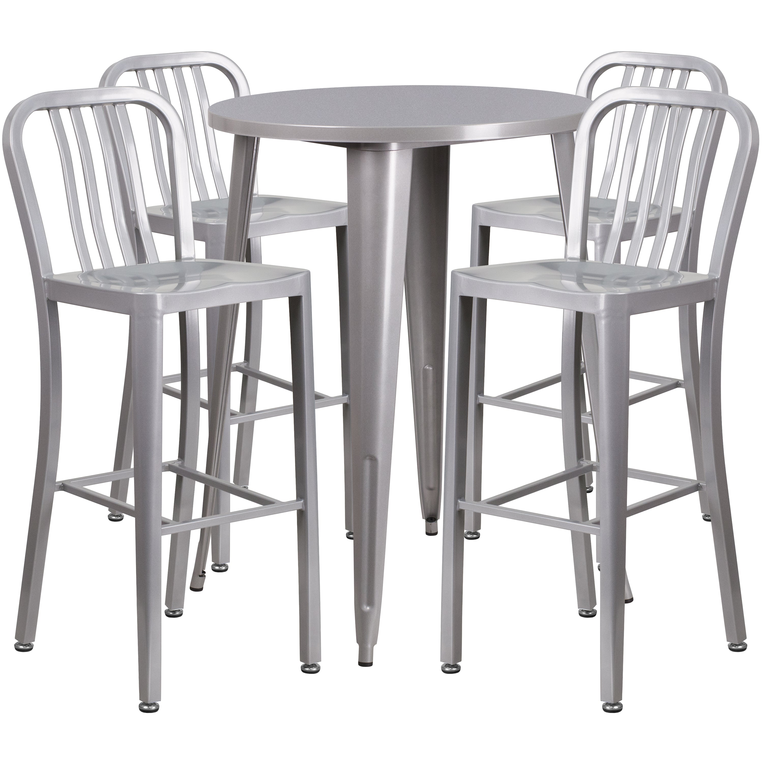 Tristan Commercial Grade 30" Round Silver Metal Indoor-Outdoor Bar Table Set with 4 Vertical Slat Back Stools