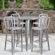 Tristan Commercial Grade 30" Round Silver Metal Indoor-Outdoor Bar Table Set with 4 Vertical Slat Back Stools