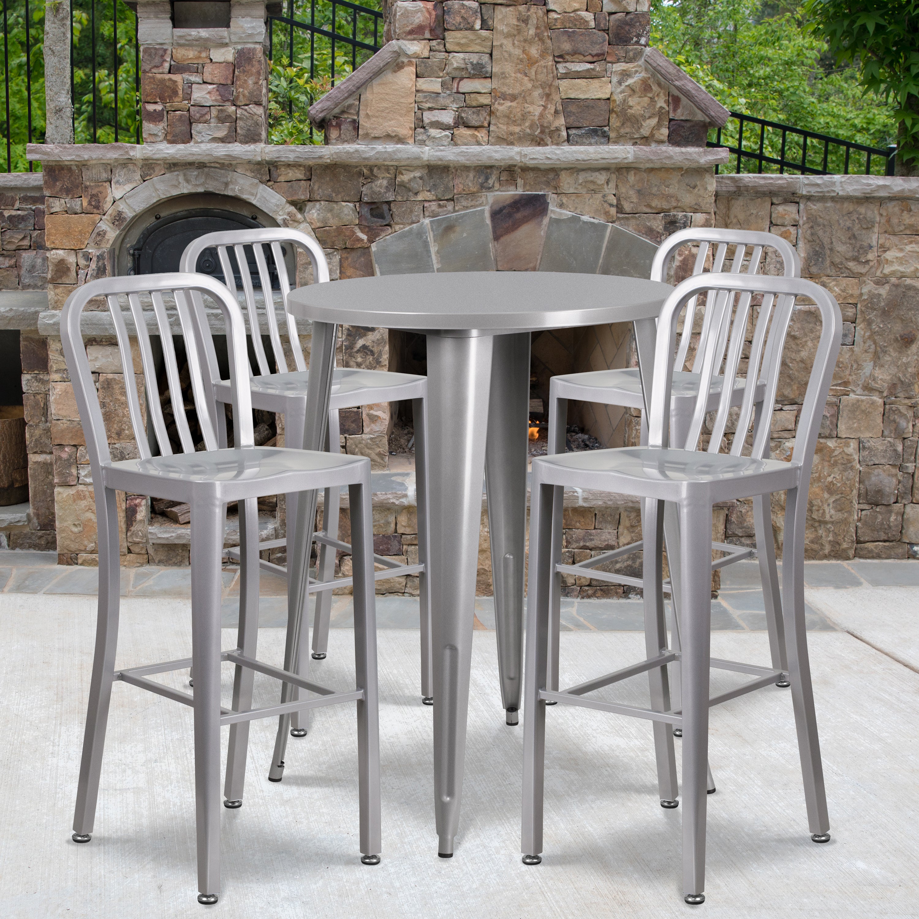 Tristan Commercial Grade 30" Round Silver Metal Indoor-Outdoor Bar Table Set with 4 Vertical Slat Back Stools