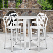 Tristan Commercial Grade 30" Round White Metal Indoor-Outdoor Bar Table Set with 4 Vertical Slat Back Stools